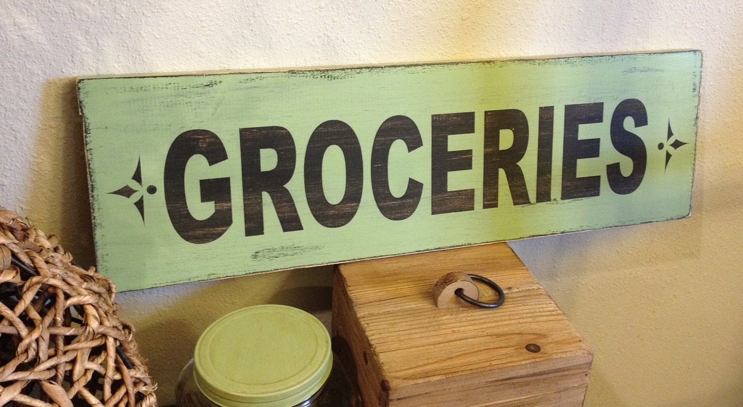 Groceries handpainted vintage wood sign - Jadite color