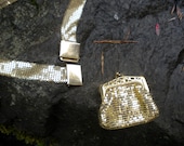 Whiting and Davis gold mesh coin purse and matching belt/ 1940's purse and belt