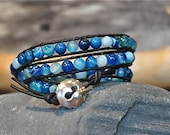 Amazing 6mm Blue Striped Agate Leather 3 Wrap Bead Bracelet