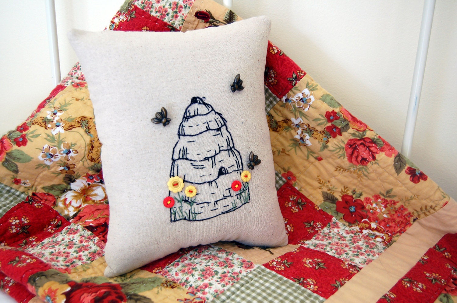 Honey Beehive/ Bee Skep Pillow- Hand Embroidered with Bee and Floral Buttons
