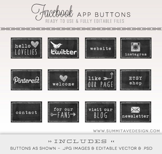 INSTANT DOWNLOAD Facebook Timeline chalk board Tab Images - App buttons - social icons