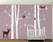 Kids Nursery Birch Tree Wall Decal Set - Owl Deer Fawn Birds Squirrels Vinyl Wall Art Sticker