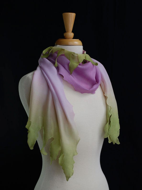 Designer Scarves Purple Green Silk Wool Leafy Cutwork Scarf Holiday Gift by MaryGwyneth Artwear