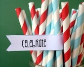 Red and Light Blue Paper Straws - Set of 50 Striped Drinking Straws With DIY Printable Straw Flags