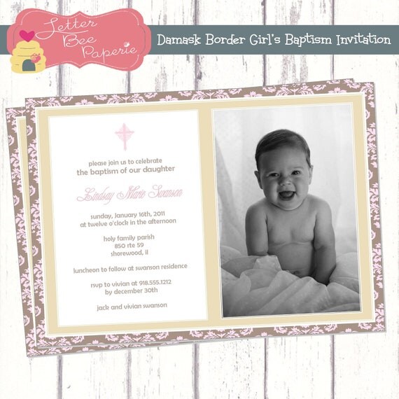 Modern Damask Girl's Photo Baptism / Christening Invitation - Choose Your Colors - DIY Printable File Il_570xn
