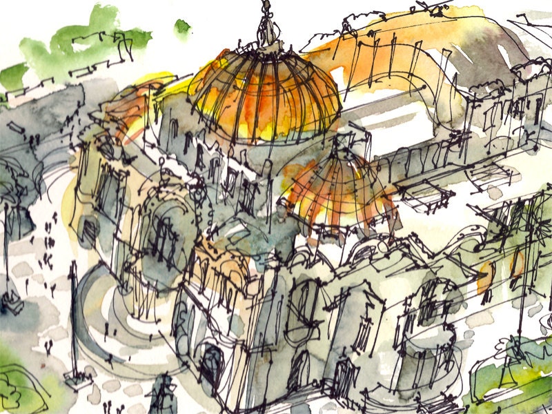 Art Deco Building gold dome, Mexico City, watercolor sketch gift for traveler - 8x10 print in gold, green and grey