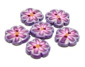 Polymer clay small buttons purple pink white flower shaped set of six