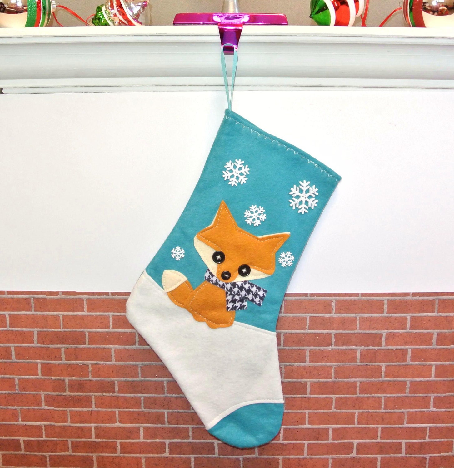 Fox Christmas Stocking in Peacock  Blue by Allenbrite Studio