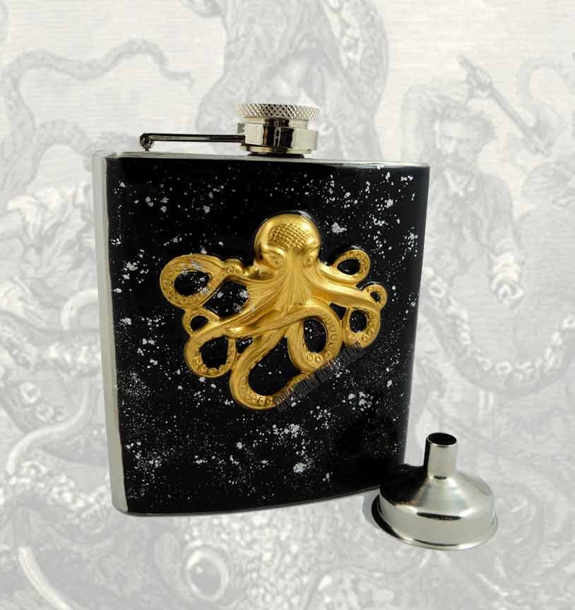 Octopus Hip Flask Steampunk Mixed Metals Kraken on Black and Silver Neo Victorian Metal Flask