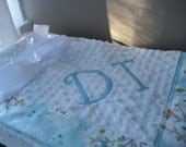 Monogrammed Minky Napping Blanket - Windy Day in Aqua with White Minky