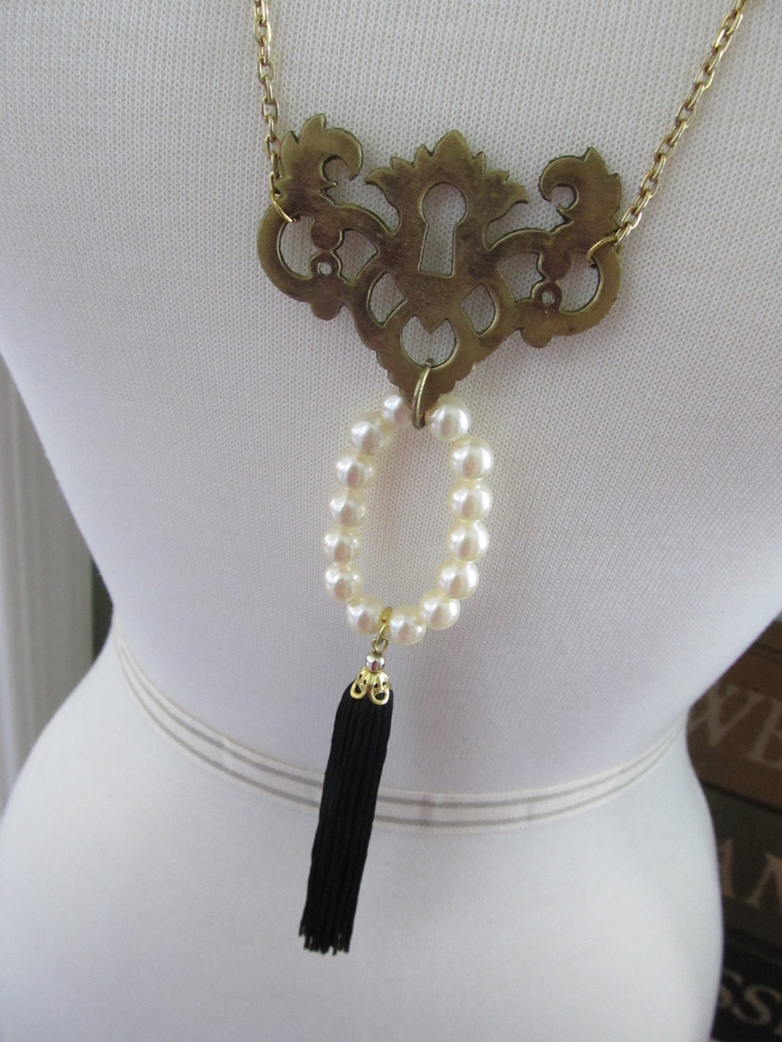 Vintage Necklace with Scroll Esutcheon, Pearl Ring and Black Tassel. As featured in Country Living Magazine.