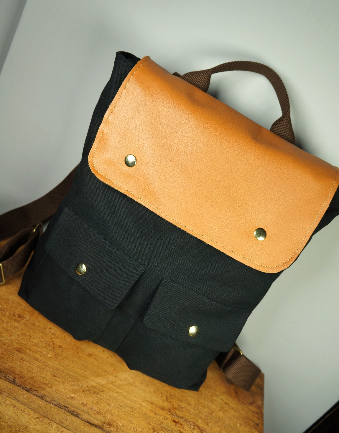 City Backpack in Black Canvas/ Backpack/ Women/ Laptop Bag/ Tan Leather/ Handmade in New York/ Messenger