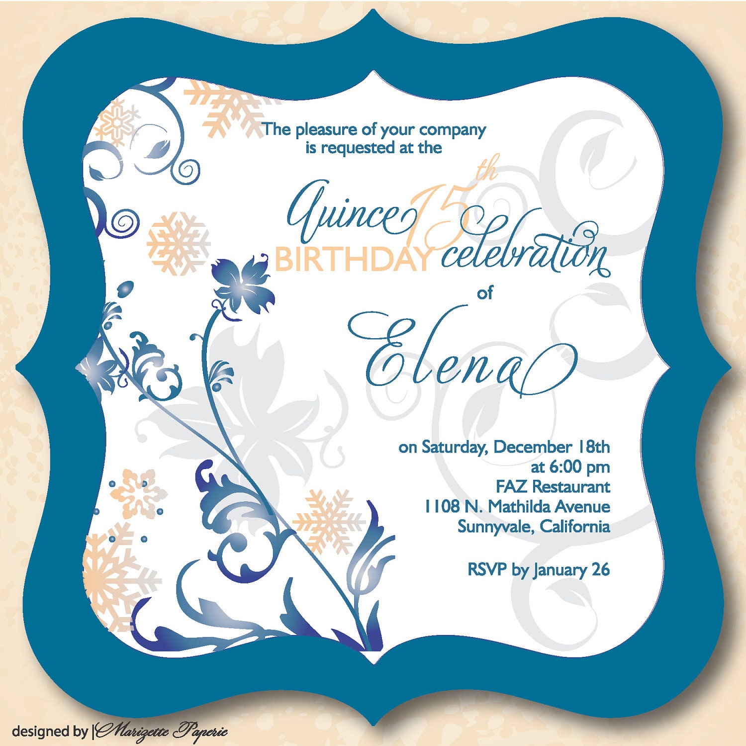 Blue Winter Floral Party Invitation