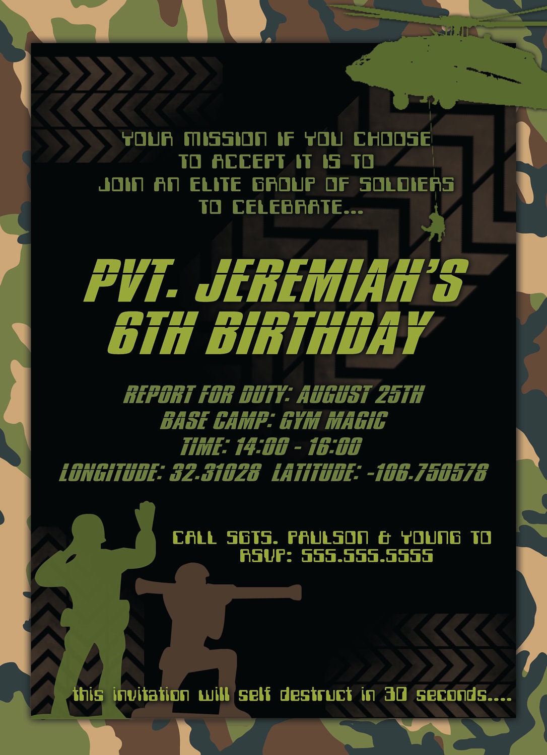 Army Men Birthday Boy Party Invitations - DIGITAL FILE, green, red, blue, camoflauge, soldier party