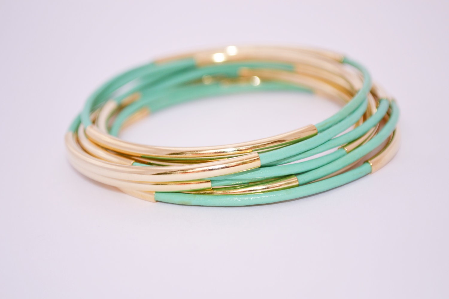Mint Leather Bangle Bracelets with Double gold or silver tube accents