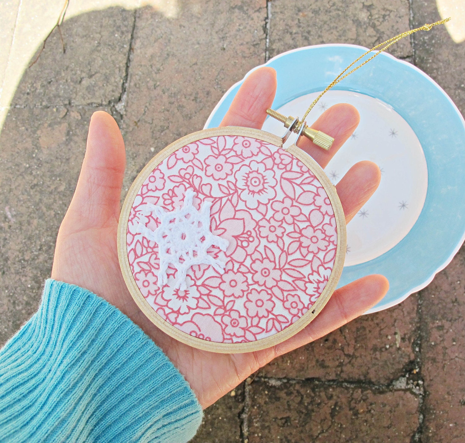 Red Embroidery Hoop Art Ornament. Vintage Retro Fabric Red White Flowers Christmas Decoration