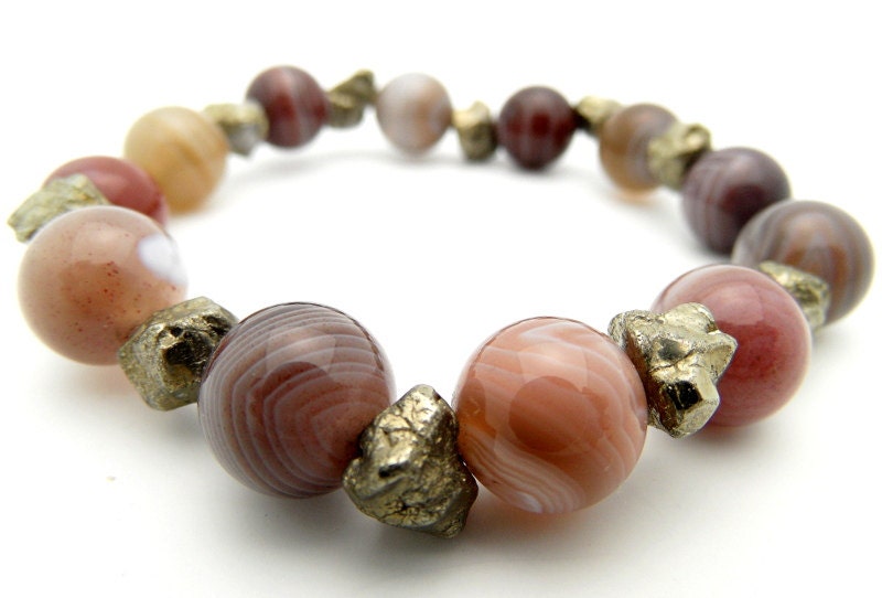 Stone Bead Bracelet - Pyrite and Agate Gemstones, Unisex Bracelet