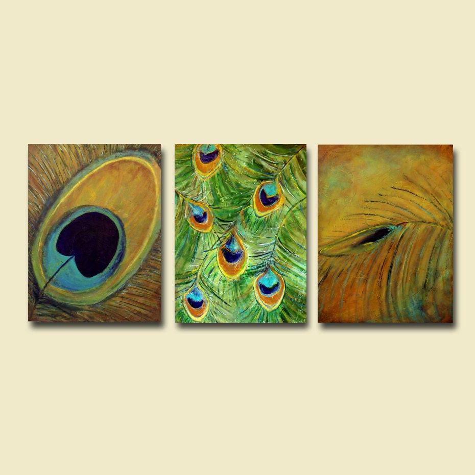 Abstract Realism Peacock Feathers Large Triptych Painting... 54 x 24... Custom Wall Art
