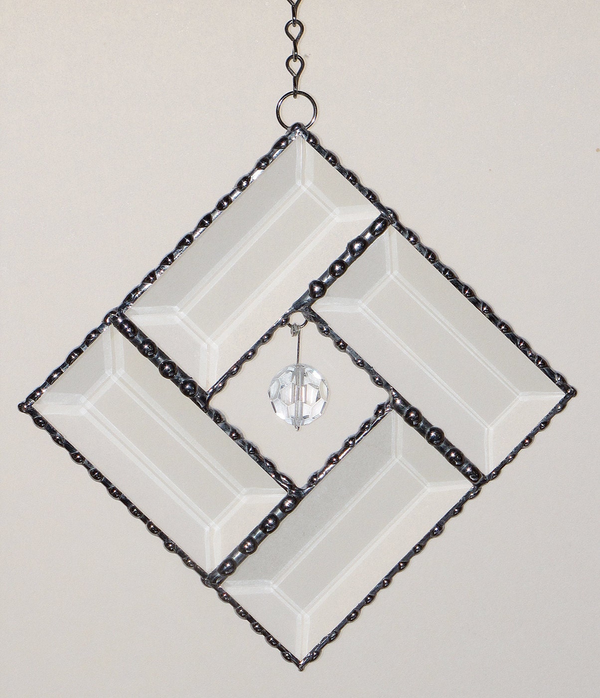 Stained Glass Suncatcher - Clear Bevel Geometric Diamond Design and Crystal Bead
