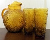 Set of 4 Amber Drinking Glass w/Rocky Texture &  Lrg Pitcher (E2075)