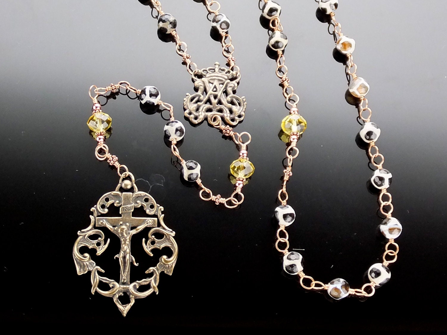 Bronze Wire Wrapped Rosary (Unbreakable) Agate Beads with Crystal
