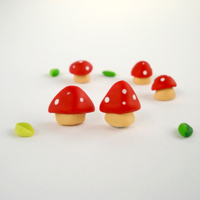 Toadstool Post Earrings, Woodland Jewelry in Polymer Clay