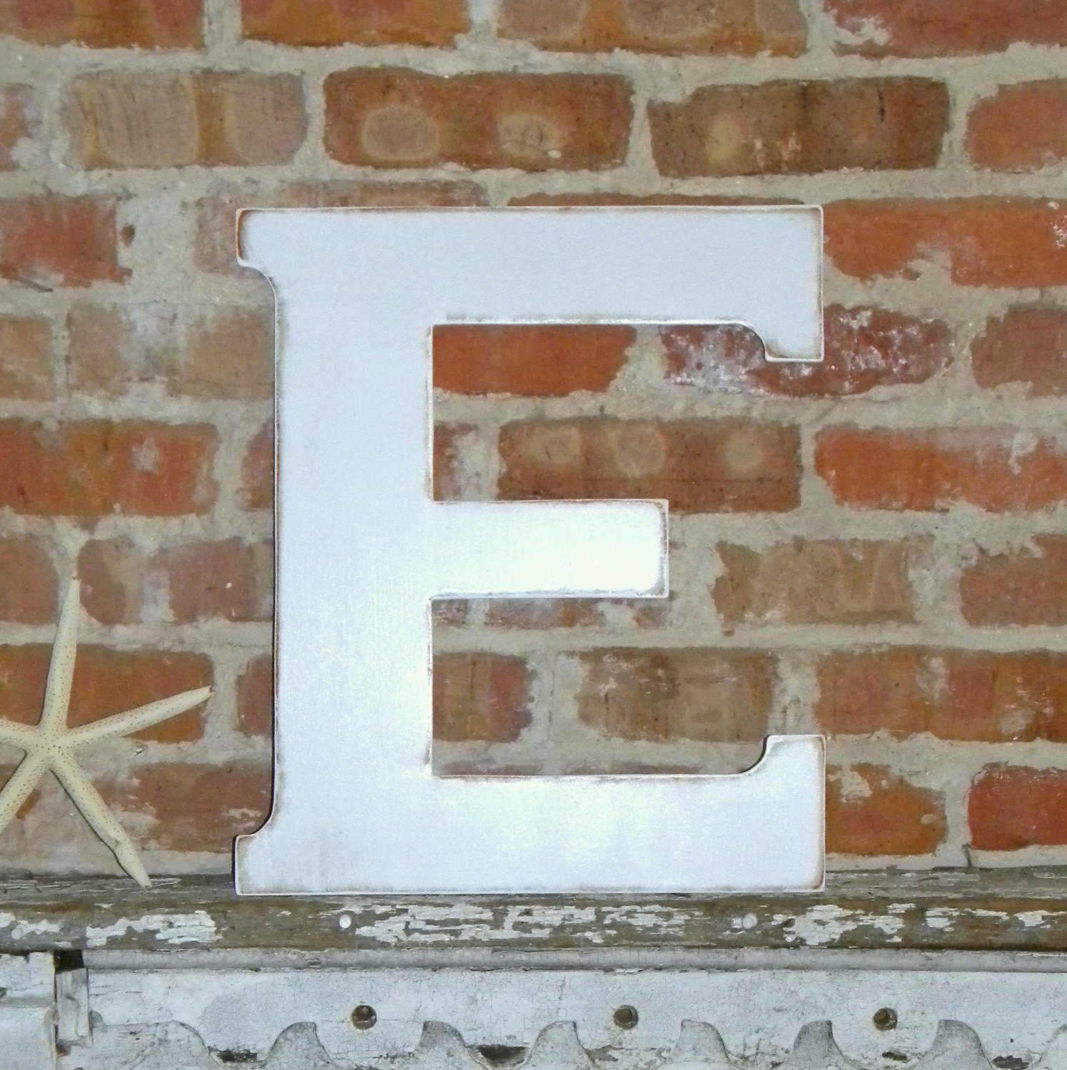 18" Wooden Letter E, Distressed White, Classic Font - all letters many colors available