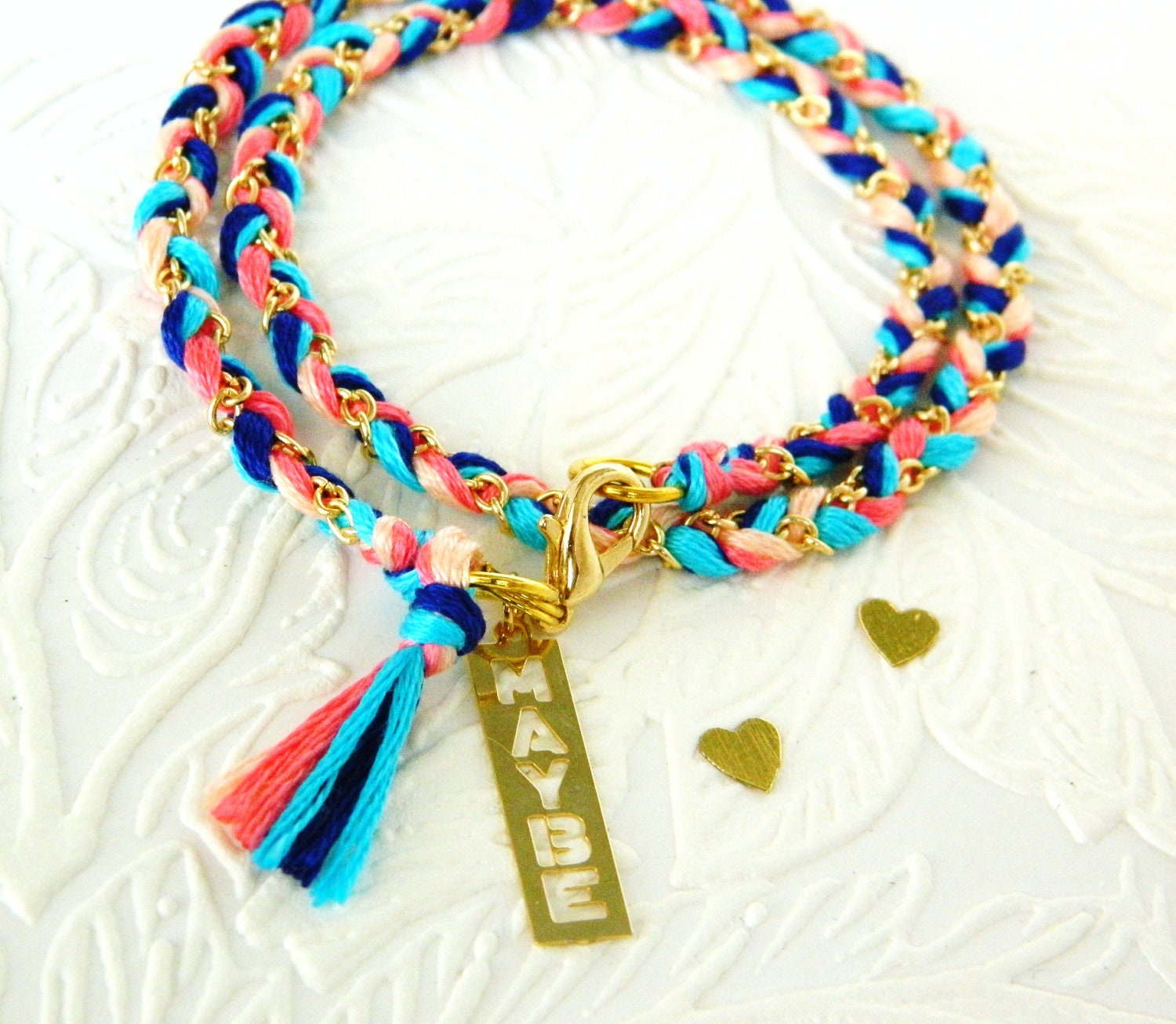 Carnival Candy Swirl - Call Me Maybe Charm - Peachy Keen, Neon Pink, Capri Blue, Rich Navy - Braided Modern Friendship Bracelet - Gold Chain