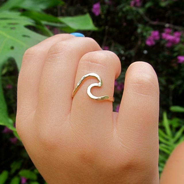 Gold Wave Ring, Surf, Ocean, Hawaii Beach Jewelry, Surfer Girl, Gift for Her, Hammered, Handmade