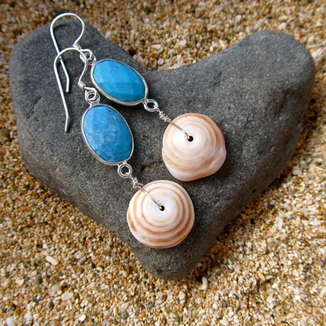 Puka Shell Earrings, Turquoise, Gemstone Jewelry, Hawaii Beach Jewelry, Sterling Silver, Dangle