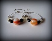 red agate handmade earrings, natural stone, red agate, white/cream agate, black onyx accent, pewter spacer beads, one of a kind, handcrafted