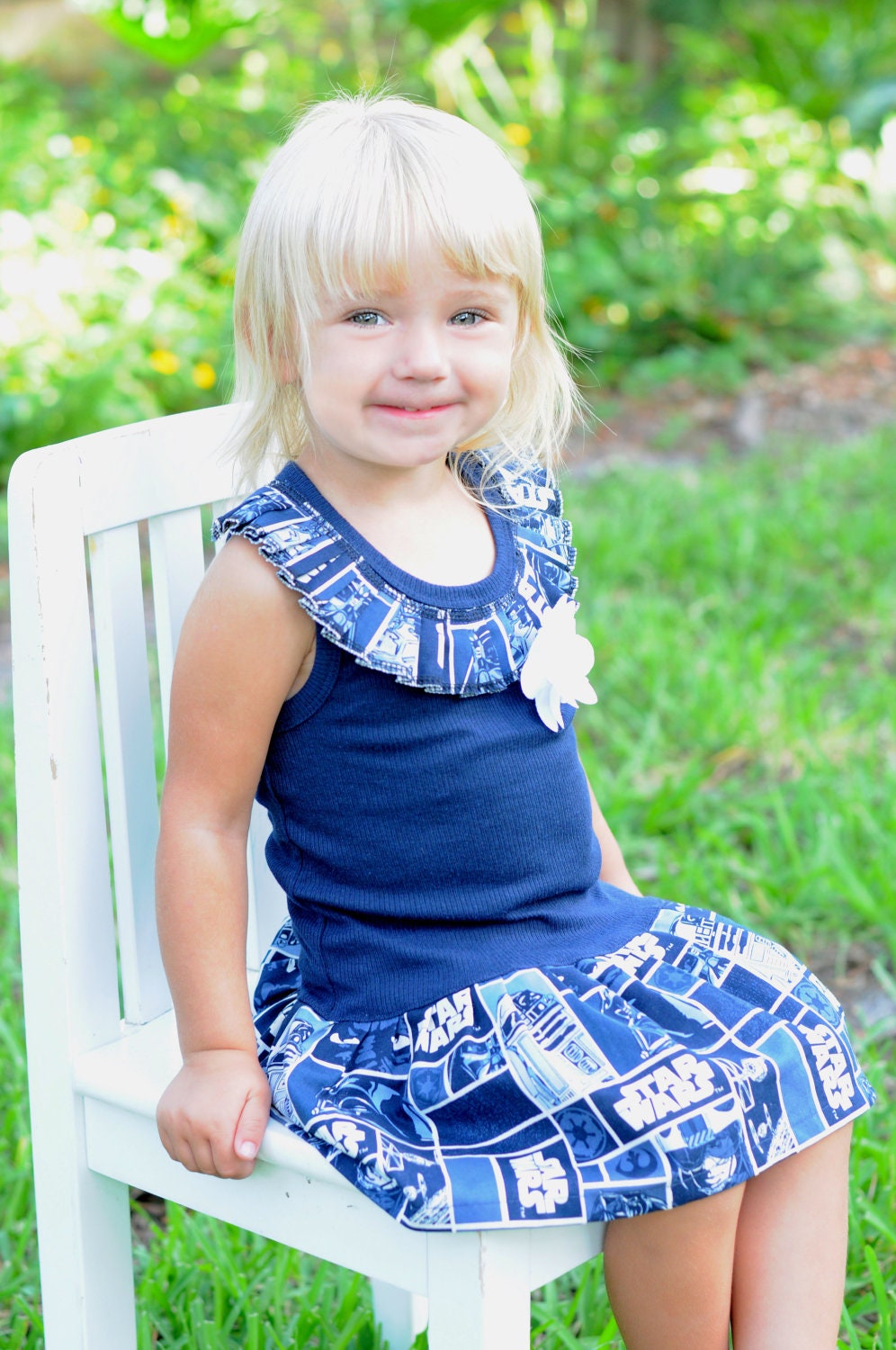 Navy Star Wars Ruffle Neck Dress  with Rhinestone Flower Available 6-12 months through Size 6/8