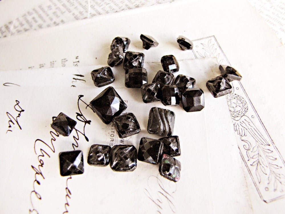 tiny antique square glass buttons - vintage faceted french jet - Austrian tinies