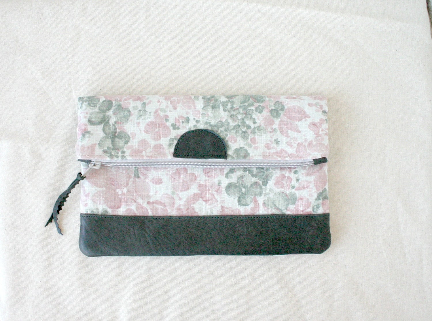 Fold over Clutch Purse leather bottom, pastel flowers