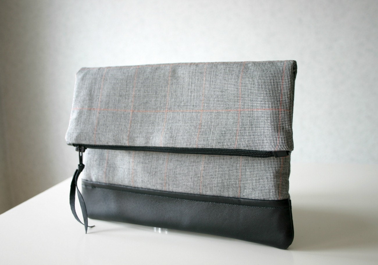 Fashion Leather Fold over clutch Leather bottom Vintage Wool Fabric