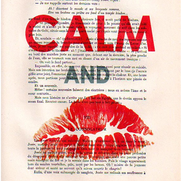 Keep calm and Kiss-Original Illustration-Art Print-Art Poster- Typography Mixed Media- French 1920 Vintage Paper