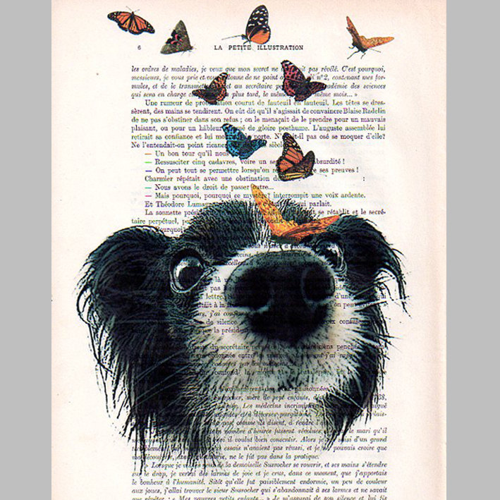 Doggy with butterflies - Mixed Media-Digital Illustration Print-Art Poster-Acrylic Painting-Holiday Decor-Drawing Illustration-Gift For Her