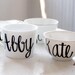 custom calligraphy first name recycled tea cups and mugs - bridesmaids, flower girls, birthdays - black and white