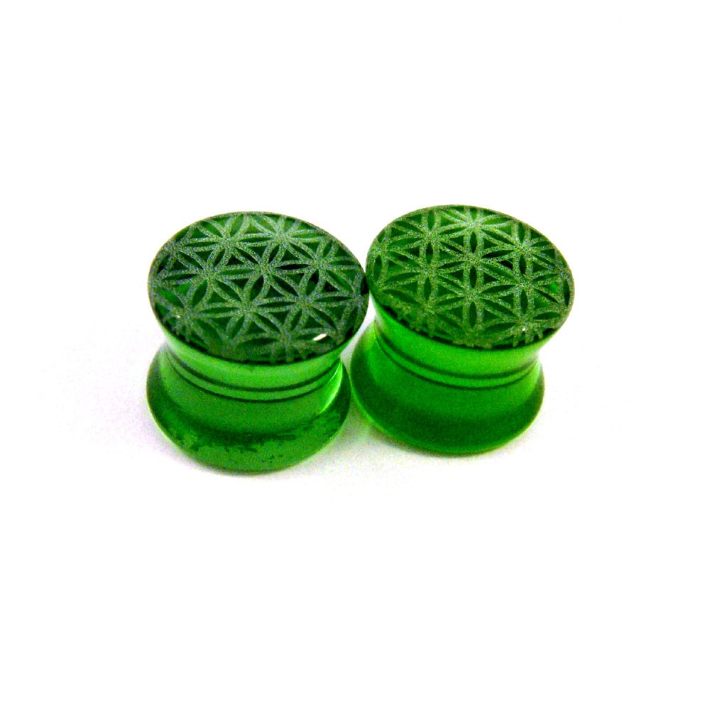 Flower of Life Green Glass Plugs - 2g (6mm) 0g (8mm) 00g (9mm) (10mm) 7/16" (11mm) 1/2" (13mm) 9/16" (14mm) 5/8" (16mm) Transparent Gauges