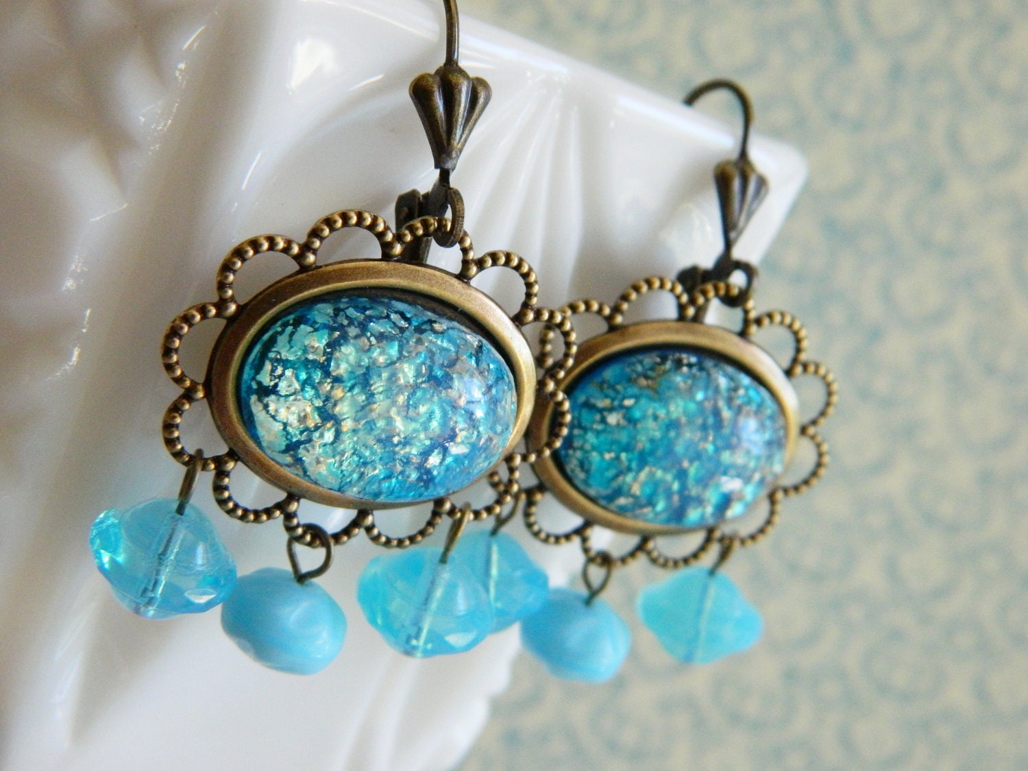 Blue Earrings, Vintage Aqua Earrings, Blue Harlequin Opal, Retro Earrings, Shabby Chic, Bohemian, Vintage Jewelry, Mothers Day
