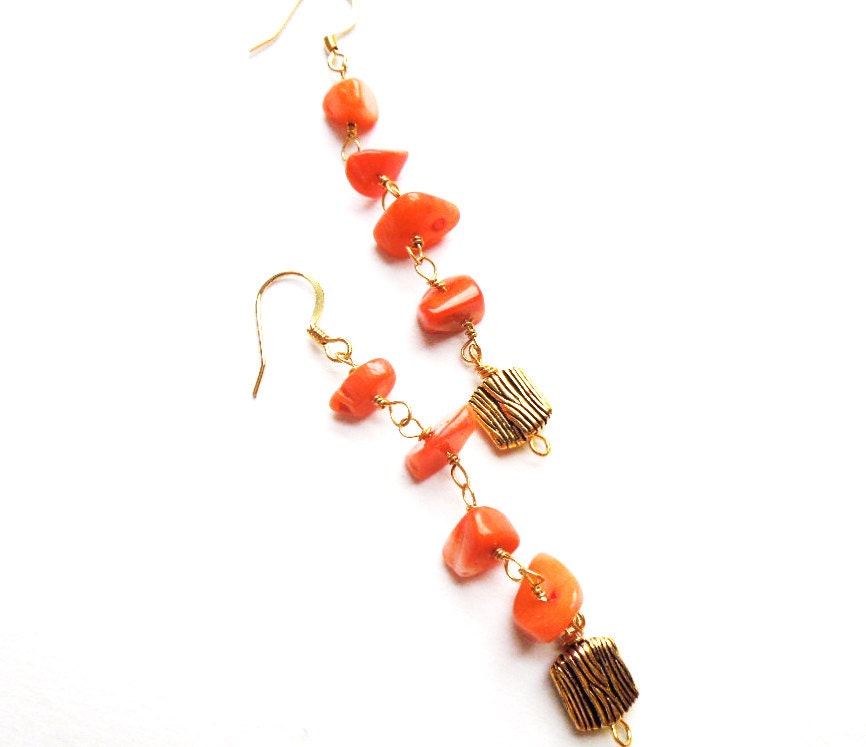PEACH CORAL and GOLD Earrings - pink, etched gold bead, drop earrings, boho chic jewelry