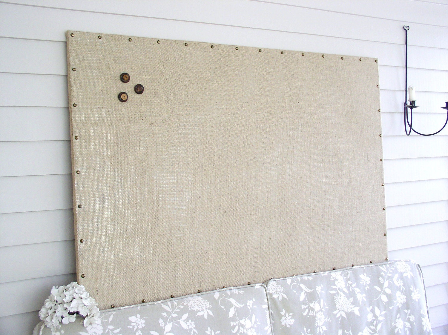 Huge X-Large Burlap Memo Board - MAGNETIC Bulletin Board with Hardwood Construction, Brass Upholstery Nail Head Tacks and Button Magnets
