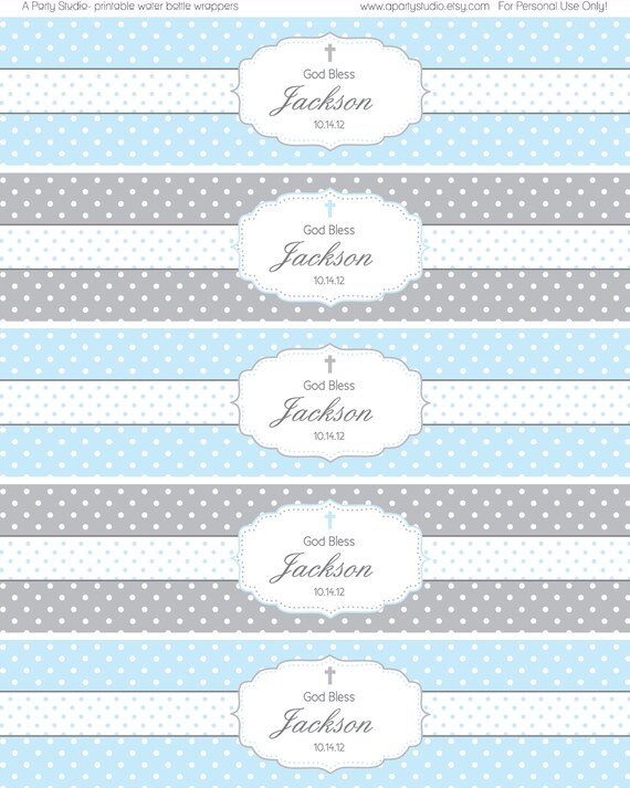 Polka Dot Baptism- Blue and Grey Water Bottle Wrappers- Print your own Il_570xn