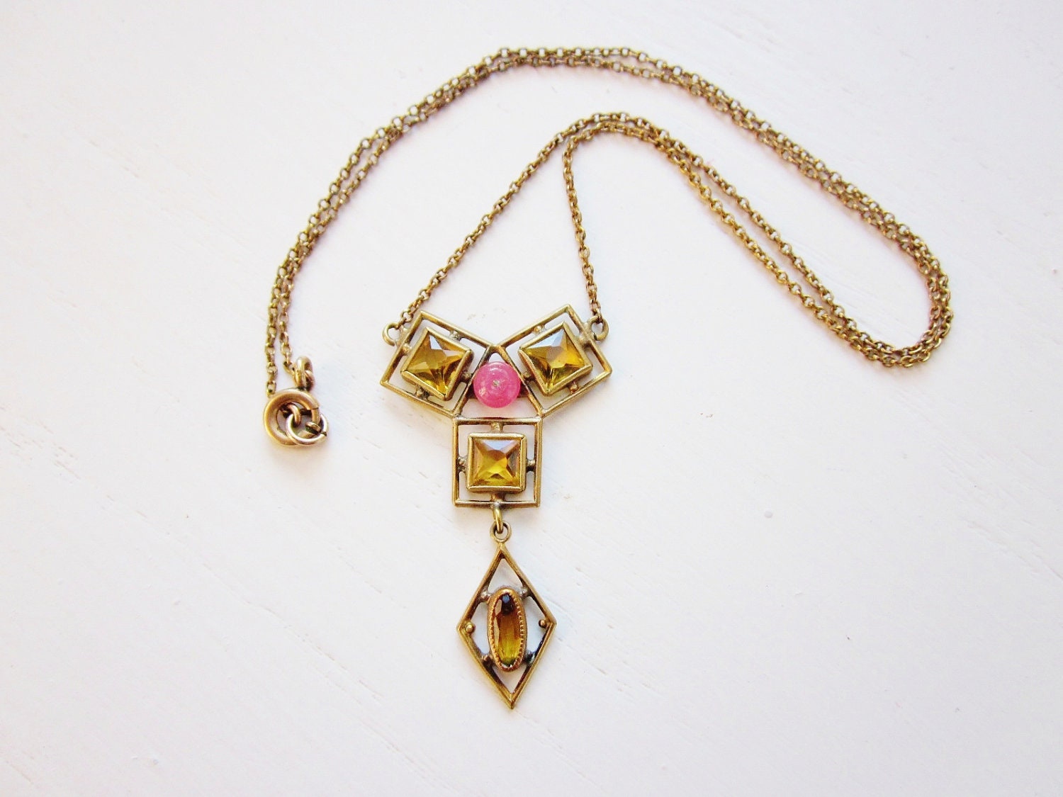 Antique Edwardian Necklace Gold Filled Amber Glass Lavaliere Pendant Vintage Signed 1900s Jewelry