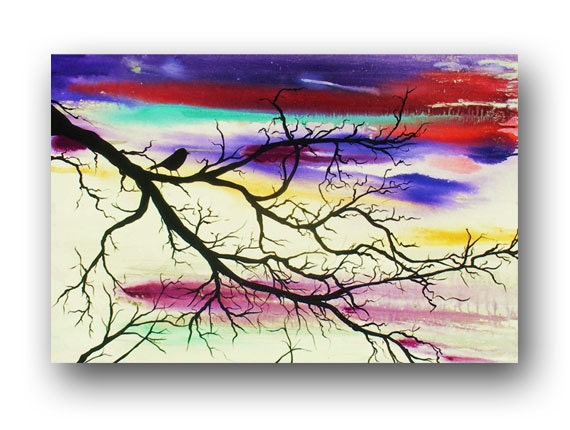 Tree Paintings on Stretched Canvas Landscape Tree Silouhette Painting Bird Silouhette Painting Original Large Metallic Art 36x24 Heather Da