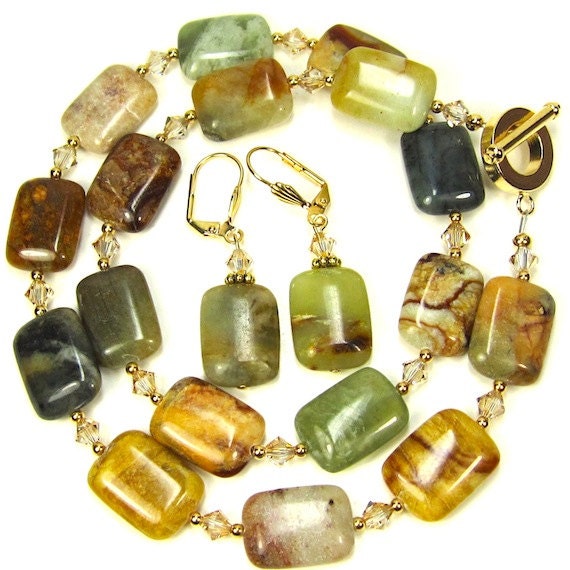 Flower Jasper Gemstone Necklace Combo Golden Shadow Swarovski Crystal Necklace and Earrings