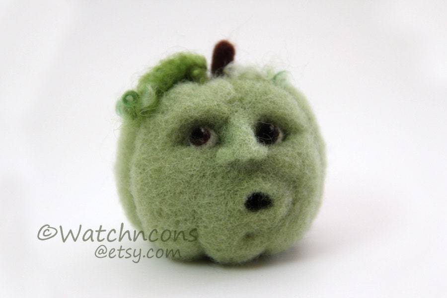 Mini Needle Felted Green Wool Jack-O-Lantern Pumpkin Fall Felt with Face OOAK