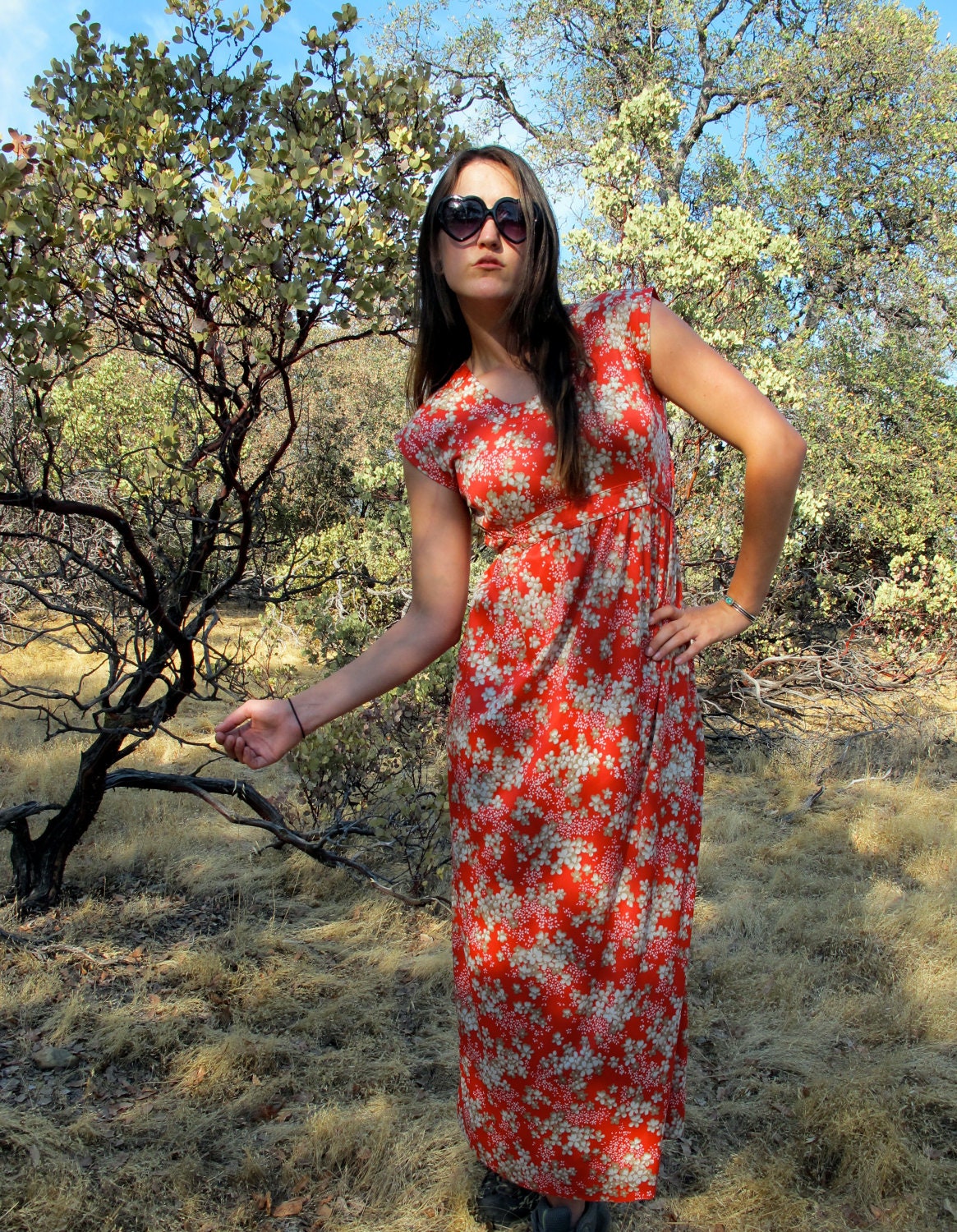 1960s / 70s Maxi DRESS Blossoms Floral // S / M / L