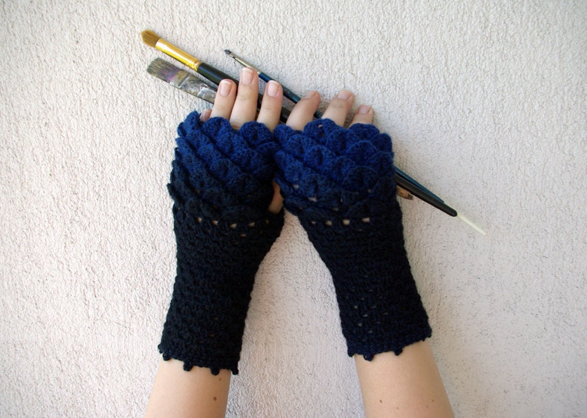 Crocheted crocodile stitch mittens fingerless gloves - black and blue Transitional.  Spring Accessories.