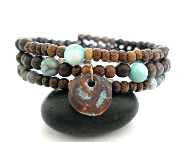 Triple Wrap Mala Bead Bracelet, Wooden Mala Beads, Blue Jasper, Copper Charm Beaded Bracelet